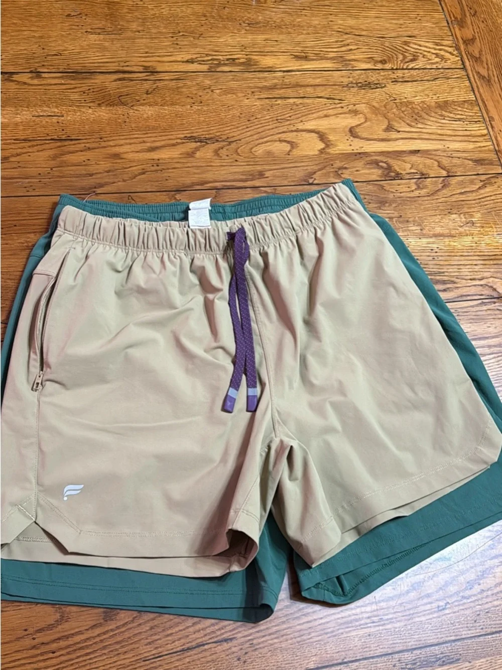 Fabletics Men's Teal and Tan Athletic Shorts with Purple Drawstring